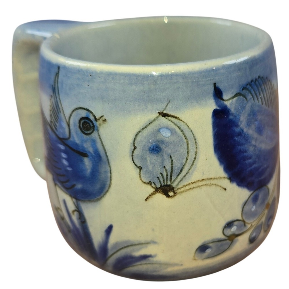 Tonala small 4" Ceramic Mug Blue Bird‎ Flowers Hand-Painted Mexico Vintage Dish